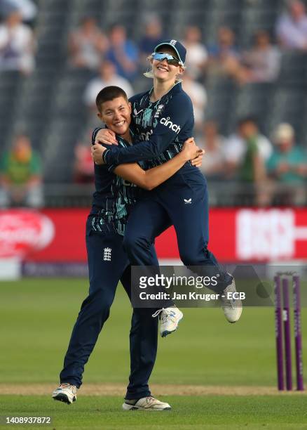 Isabelle Wong of England celebrates taking her 3rd wicket during the 2nd Royal London Series One Day International between England Women and South...