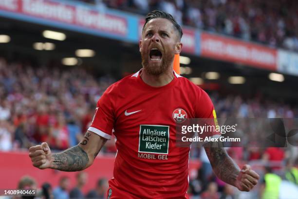 Mike Wunderlich of Kaiserslautern celebrates their team's first goal during the Second Bundesliga match between 1. FC Kaiserslautern and Hannover 96...