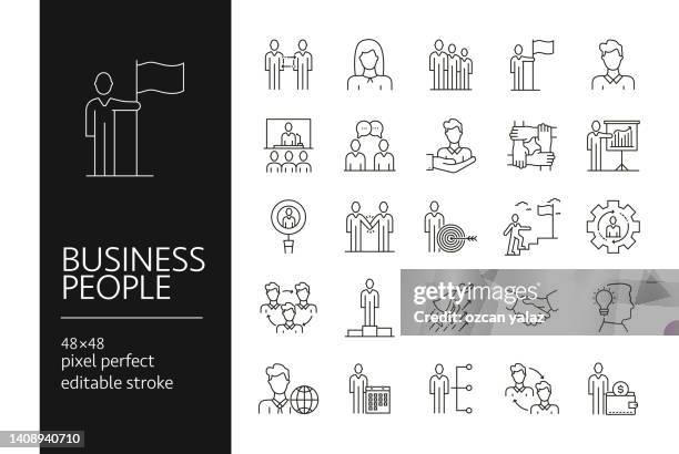 business people line icon set - standing together stock illustrations