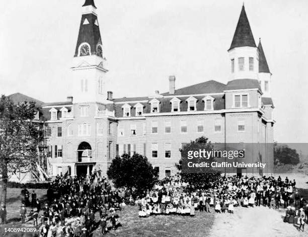 University students pose in front of Tingley Memorial Hall at Claflin College in Orangeburg, South Carolina