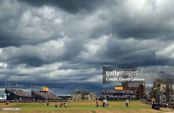 Tiger Woods of The United States plays his tee shot on the 18th hole during the second round of The 150th Open on The Old Course at St Andrews on...