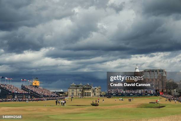 General view of the 17th green with the 18th hole behind during the second round of The 150th Open on The Old Course at St Andrews on July 15, 2022...