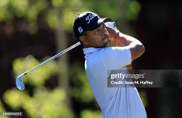 Fabian Gomez of Argentina plays his shot from the 15th tee during the second round of the Barracuda Championship at Tahoe Mountain Club on July 15,...