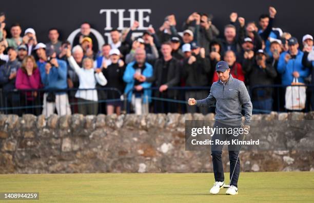 Rory McIlroy of Northern Ireland celebrates on the 17th green during Day Two of The 150th Open at St Andrews Old Course on July 15, 2022 in St...