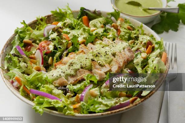 the viral green goddess salad with grilled chicken and mixed greens - chicken god stock pictures, royalty-free photos & images