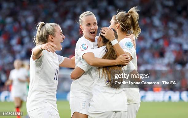 Fran Kirby celebrates with Beth Mead, Lauren Hemp and Rachel Daly of England after scoring their team's first goal during the UEFA Women's Euro 2022...