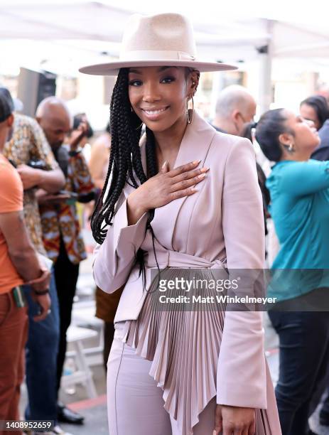 Brandy Norwood attends the Hollywood Walk of Fame Star Ceremony for Jenifer Lewis at Hollywood Walk of Fame on July 15, 2022 in Los Angeles,...
