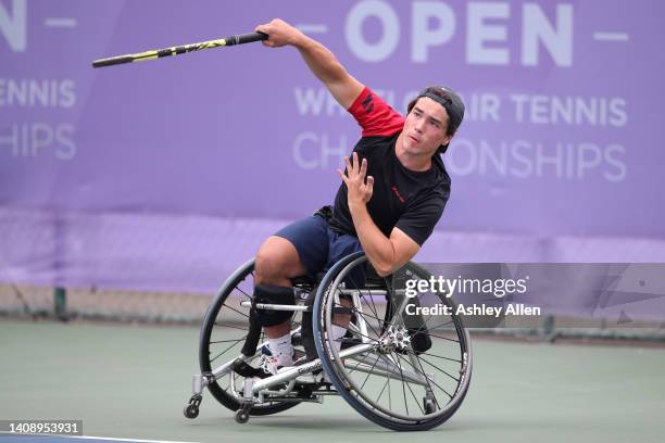 Dahnon Ward of Great Britain plays a forehand during his match against Tony Hislop of Great Britain on Day Four of the British Open Wheelchair Tennis...