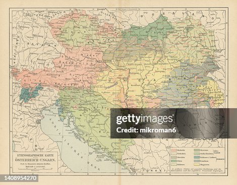 Old chromolithograph ethnographic map of  in Austro-Hungary