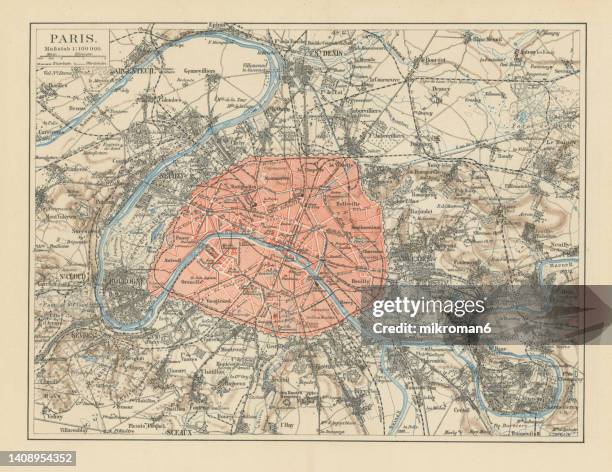 old chromolithograph map of paris, capital and most populous city of france - map paris stock pictures, royalty-free photos & images