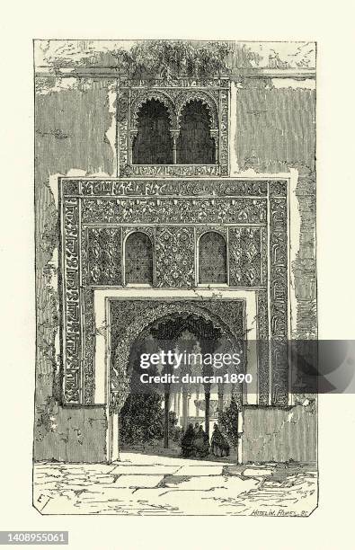 moorish architecture, façade and gateway, alhambra, granada, illustrated by gustave dore - moor stock illustrations