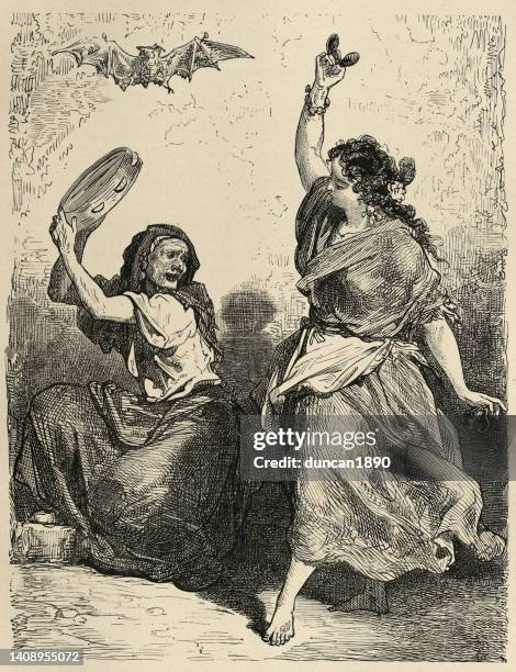 granadian romani woman dancing the zorongo flamenco dance, at sacromonte, granada, spain - archive danse stock illustrations