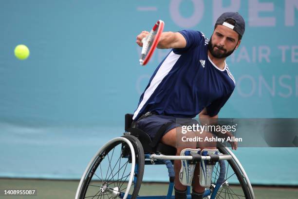 Pelayo Novo Garcia of Spain plays a backhand during Day Four of the British Open Wheelchair Tennis Championships at the Nottingham Tennis Centre on...