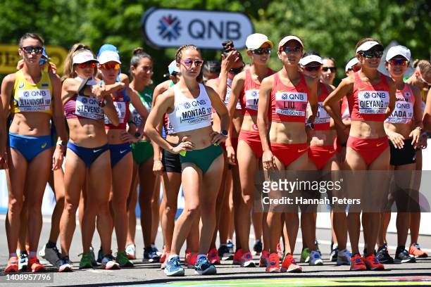 Jemima Montag of Team Australia, Hong Liu of Team China and Shijie Qieyang of Team China prepare to compete in the Women's 20 Kilometres Race Walk...