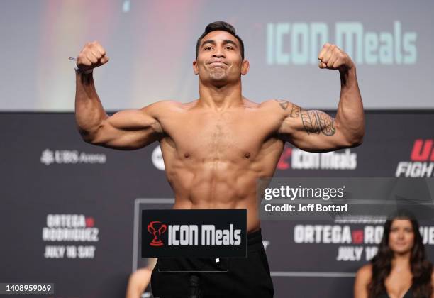 Punahele Soriano poses on the scale during the UFC Fight Night ceremonial weigh-in at UBS Arena on July 15, 2022 in Elmont, New York.