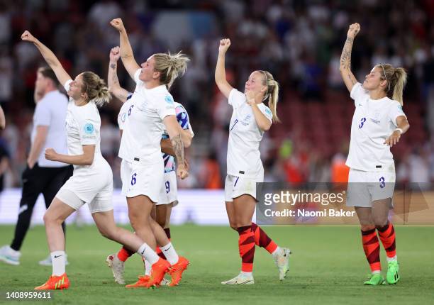 Ellen White, Millie Bright, Beth Mead and Rachel Daly of England celebrate with the fans after their sides victory during the UEFA Women's Euro 2022...