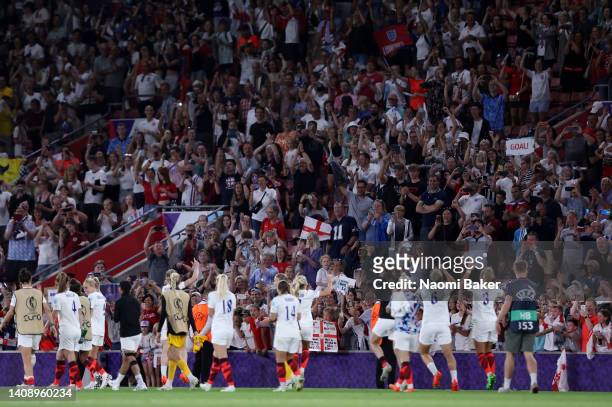 England fans celebrate after their sides victory during the UEFA Women's Euro 2022 group A match between Northern Ireland and England at St Mary's...