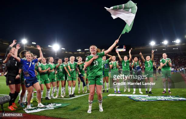 Rachel Furness of Northern Ireland acknowledges the fans with teammates following the UEFA Women's Euro 2022 group A match between Northern Ireland...