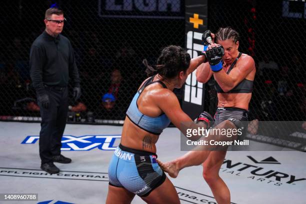 Genah Fabian connects with a punch against Julia Budd during PFL 3 at the Esports Stadium Arlington on May 6, 2022 in Arlington, Texas.