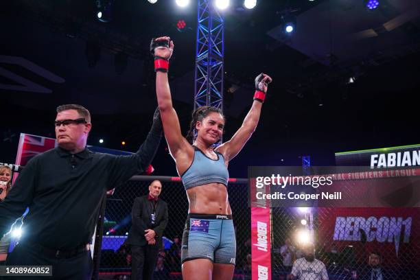 Genah Fabian celebrates after defeating Julia Budd during PFL 3 at the Esports Stadium Arlington on May 6, 2022 in Arlington, Texas.