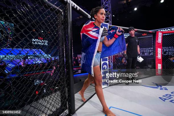 Genah Fabian walks to the cage before fighting against Julia Budd during PFL 3 at the Esports Stadium Arlington on May 6, 2022 in Arlington, Texas.