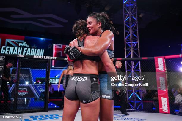 Genah Fabian celebrates after defeating Julia Budd during PFL 3 at the Esports Stadium Arlington on May 6, 2022 in Arlington, Texas.