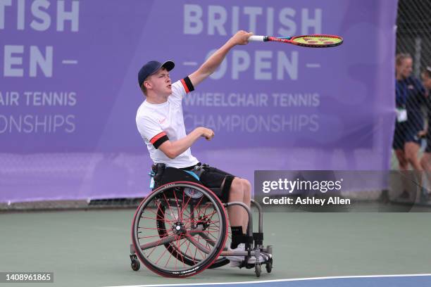 Joshua Johns of Great Britain during Day Four of the British Open Wheelchair Tennis Championships at the Nottingham Tennis Centre on July 15, 2022 in...