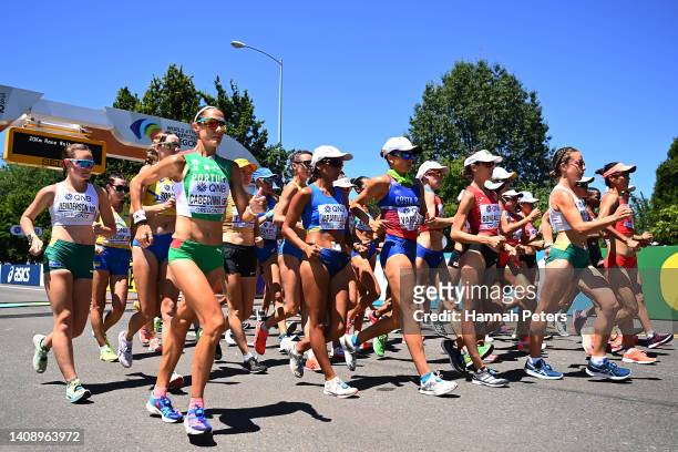 Athletes compete in the Women's 20 Kilometer Race Walk on day one of the World Athletics Championships Oregon22 at Hayward Field on July 15, 2022 in...