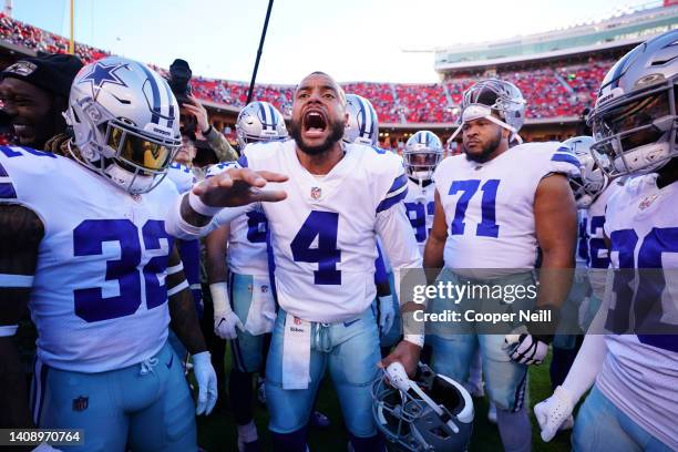 Dak Prescott of the Dallas Cowboys leads the pregame huddle against the Kansas City Chiefs prior to an NFL game at Arrowhead Stadium on November 21,...