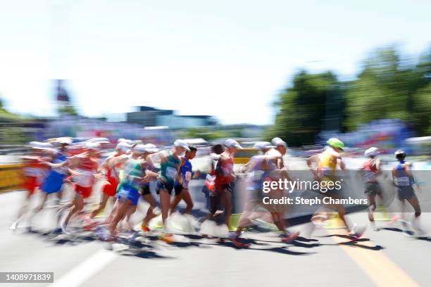 Competitors compete in the Men's 20 Kilometres Race Walk Final on day one of the World Athletics Championships Oregon22 at Hayward Field on July 15,...