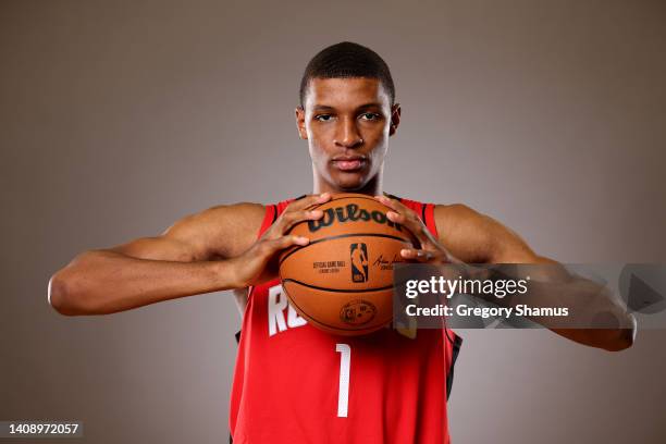 Jabari Smith Jr. #1 of the Houston Rockets poses during the 2022 NBA Rookie Portraits at UNLV on July 15, 2022 in Las Vegas, Nevada. NOTE TO USER:...