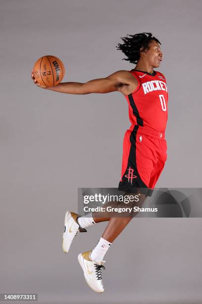 TyTy Washington of the Houston Rockets poses during the 2022 NBA Rookie Portraits at UNLV on July 15, 2022 in Las Vegas, Nevada. NOTE TO USER: User...