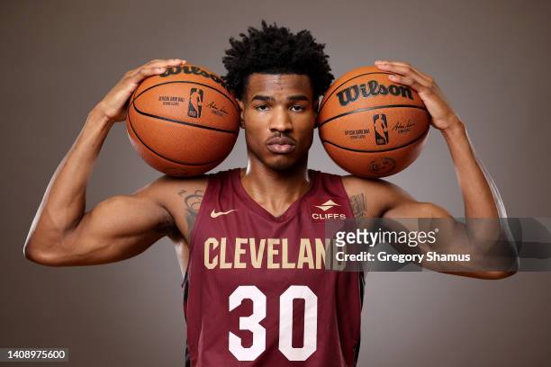 Ochai Agbaji of the Cleveland Cavaliers poses during the 2022 NBA Rookie Portraits at UNLV on July 15, 2022 in Las Vegas, Nevada. NOTE TO USER: User...