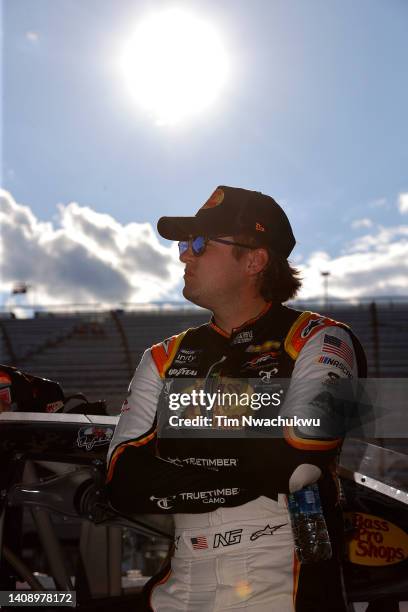 Noah Gragson, driver of the Bass Pro Shops/TrueTimber/BRCC Chevrolet, looks on during qualifying for the NASCAR Xfinity Series Crayon 200 at New...