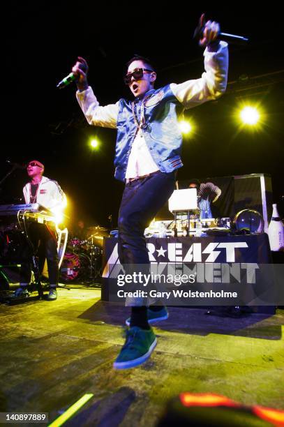 Virman, J-Splif and Prohgress of Far East Movement performs on stage at Manchester Academy on March 7, 2012 in Manchester, United Kingdom.