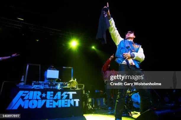 Virman and J-Splif of Far East Movement performs on stage at Manchester Academy on March 7, 2012 in Manchester, United Kingdom.