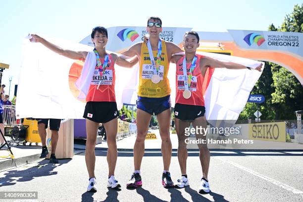 Silver medalist Koki Ikeda of Team Japan, bronze medalist Perseus Karlstrom of Team Sweden and gold medalist Toshikazu Yamanishi of Team Japan pose...