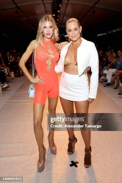 Joy Corrigan and Kelly Hughes attend the front row for Kittenish By Jessie James Decker Swim Fashion Show Presented By Klarna At Paraiso Miami Beach...