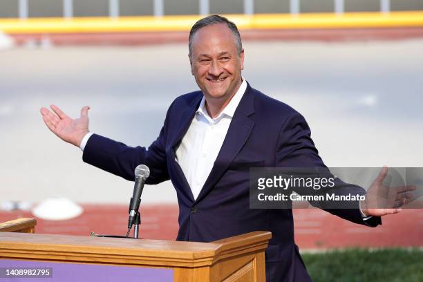 Second gentleman Douglas Emhoff speaks during the Opening Ceremony on day one of the World Athletics Championships Oregon22 at Hayward Field on July...