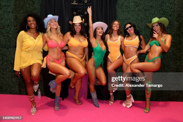 Models pose backstage at the Kittenish By Jessie James Decker Swim Fashion Show Presented By Klarna At Paraiso Miami Beach on July 15, 2022 in Miami...