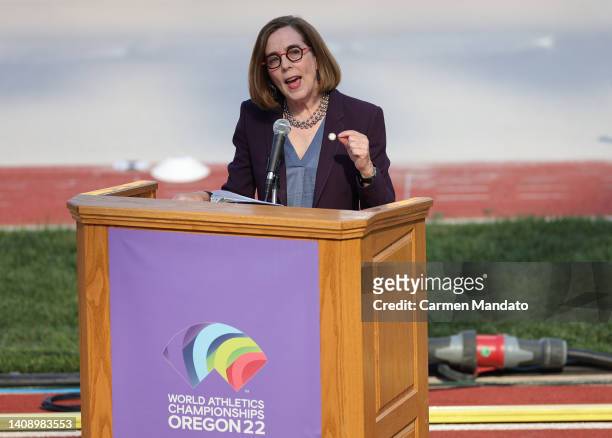 Governor of Oregon Kate Brown speaks during the Opening Ceremony on day one of the World Athletics Championships Oregon22 at Hayward Field on July...