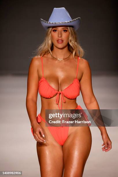 Sky Simpson walks the runway for Kittenish By Jessie James Decker Swim Fashion Show presented By Klarna At Paraiso Miami Beach on July 15, 2022 in...