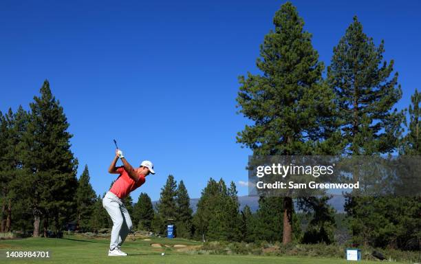 Maverick McNealy of the United States plays his shot from the 17th tee during the second round of the Barracuda Championship at Tahoe Mountain Club...