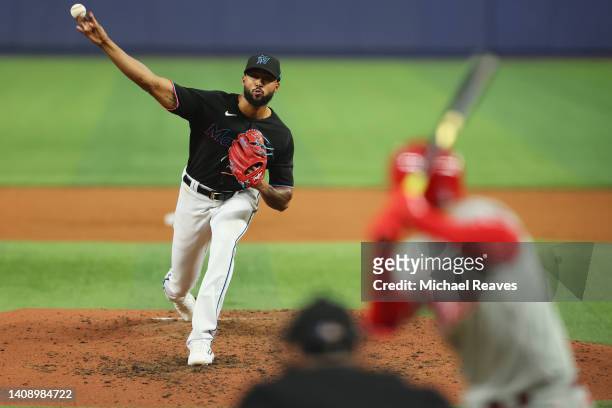 Sandy Alcantara of the Miami Marlins delivers a pitch during the sixth inning against the Philadelphia Phillies at loanDepot park on July 15, 2022 in...