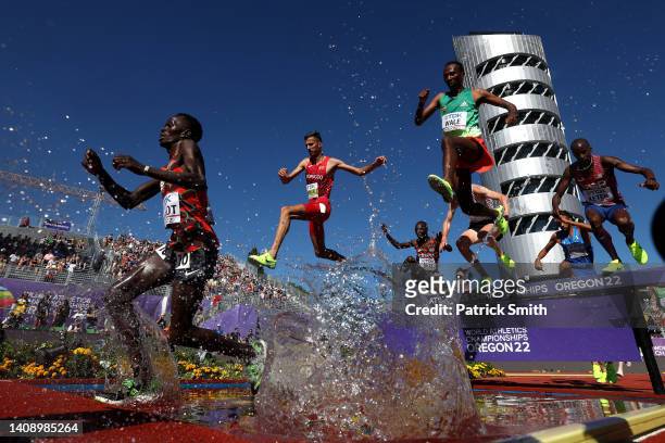 Soufiane El Bakkali of Team Morocco and Getnet Wale of Team Ethiopia compete in the 3000 Meter Steeplechase on day one of the World Athletics...