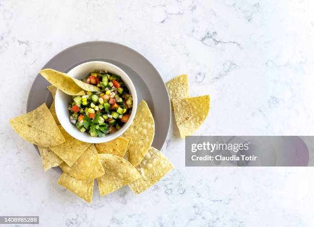 bowl of salsa with tortilla chips on white background - nachos - fotografias e filmes do acervo