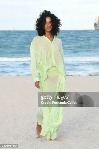 Model walks the runway for Acacia Fashion Show during Paraiso Miami Beach on July 15, 2022 in Miami Beach, Florida.