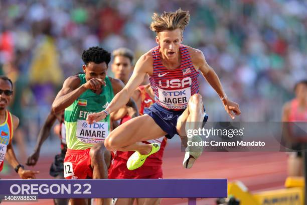 Evan Jager of Team United States competes in the Men’s 3000 Meter Steeplechase heats on day one of the World Athletics Championships Oregon22 at...