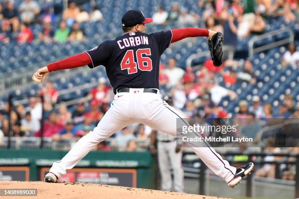 Patrick Corbin of the Washington Nationals pitches in the first inning during a baseball game against the Atlanta Braves at Nationals Park on July...