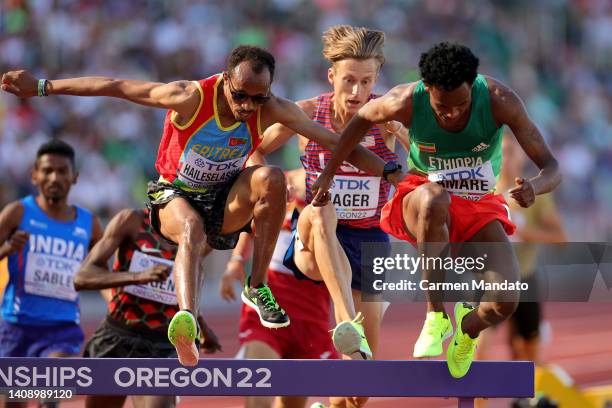Yemane Haileselassie of Team Eritrea, Evan Jager of Team United States, and Hailemariyam Amare of Team Ethiopia compete in the Men’s 3000 Meter...